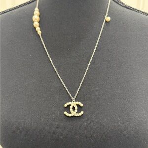 CHANEL Silver & Pearl Logo Necklace